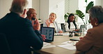 Pitch, talking and meeting with business people in office for account manager, investment banker or review. Collaboration, strategy analyst and revenue report with employee in finance agency