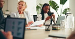 Woman, meeting or distraction with phone or business people for noise, disruption or interruption. Female person, bad employee or colleague with mobile smartphone in team or group speech at workplace