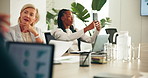 Woman, meeting or distraction with phone for selfie, picture or corporate disruption at office. Female person, bad employee or colleague with mobile smartphone in team or group speech at workplace