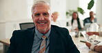 Smile, face and meeting with business man in office for account manager, investment banker and team. Collaboration, strategy analyst and revenue report with mature person in finance agency for pitch