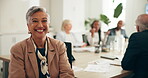 Face, mature and business woman laugh in meeting for corporate planning, budget and finance team. Financial, female leader and happy for career growth, training or professional pride in office