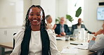 Face, smile and meeting with business woman in office investor, stakeholder and portfolio manager. Corporate, happy and revenue discussion with person in finance agency for strategy, budget and pitch