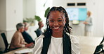 Boardroom, face and woman with smile, meeting and excited for opportunity in business or internship. Laughing, trainee and person with pride for career growth, sales and happy in corporate company