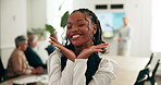 Happy, business woman and face in conference room with team, presentation or meeting with hand frame. Smile, confident and employee with people in boardroom, playful with project pitch and palm