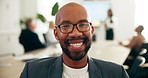 Businessman, face and smile at meeting, startup or pride for career with people at insurance company. Person, happy and confident in portrait, glasses and staff at presentation in boardroom at agency