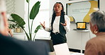 Business woman, presentation and meeting with screen for proposal, design or development at office. Female person, presenter or app designer talking to group or team with technology for new UI or UX