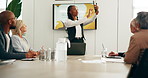 Woman, presentation and meeting with phone for demonstration, app design or proposal at office. Female person, developer or software designer showing group or team with technology for new UI or UX