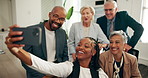 Office, team and happy business people with selfie for memory, profile picture or social media post. Group, smile and photo of workers together, friends and collaboration with corporate colleagues