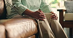 Mature, woman and hands with knee pain, muscle ache or tension for rheumatoid arthritis. Inflammation, osteoporosis or leg injury with circulation issue, joint strain or fibromyalgia swelling in home