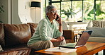 Phone call, laptop and senior woman in home with communication for pension funds planning. Computer, cellphone and elderly female person on mobile discussion for investment account update in house.