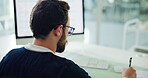 Man, doctor and writing notes in office for medical report, record symptoms and diagnosis script. Person, computer screen and search with checklist, prescription form and referral letter at workplace