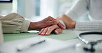 Trust, support or patient holding hands with doctor for client empathy, cancer diagnosis or sympathy. Therapy, people or person with stress, help or psychologist in counselling session for advice