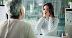 Doctor, woman and discussion in consultation for neck pain, shoulder tension or health assessment. Healthcare, professional or patient in clinic for medical diagnosis, wellness checkup or appointment