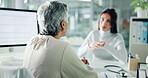 Mature woman, doctor and listening to patient for hand pain, symptoms and risk of arthritis. Medical worker, person and talk for checkup of joints, muscle sprain and diagnosis for healthcare services