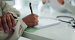 Consulting, writing and hands of doctor in office for prescription, healthcare script or documents. Paper, medical and insurance with people and notepad in clinic for patient history and report