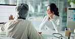 Woman, doctor and checkup with screen of computer for medical report, exam results and diagnosis. Mature person, talk and patient with pc for information, feedback and planning of treatment procedure