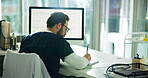Doctor, man or writing at computer for healthcare, medical research or online consultation in office. Back, specialist and notes at tech for telehealth, schedule appointment and calendar on screen