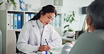 Patient, woman doctor and writing in consultation for healthcare, medical service and prescription. People, discussion and script in office for treatment plan, expert opinion and explain symptoms
