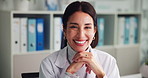 Healthcare, doctor and face of happy woman in hospital for medicine service or obgyn. Portrait, smile and confident medical professional in clinic, fertility physician and gynecologist laugh in USA