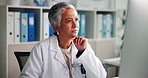 Thinking, doctor and mature woman on computer for problem solving, planning schedule or doubt. Serious, medical professional or reflection on desktop for healthcare or confused with results in clinic