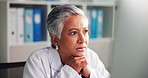 Thinking, doctor and woman on computer for healthcare, reading results or doubt. Serious, mature and medical professional planning for problem solving, insight or solution for diagnosis in clinic