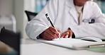 Thinking, writing and hands of doctor in office at hospital for prescription, sick note or report. Ideas, pen and healthcare worker with clipboard for medical research with planning for diagnosis.