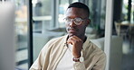 Black man, glasses and thinking at computer for business, email networking or reading article in office. Creative writer, SEO or research with tech for news information, latest trends or proofreading