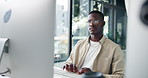 Black man, computer or typing in office for research, business networking or editing article. Creative writer, SEO or employee with technology for news search, latest trends information or connection