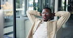Stretching, relax and computer with business black man in office for well done, good news and satisfaction. Consultant, online and calm with person for startup launch, website design and technology