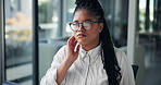Office, black woman and glasses with computer for thinking, online information and fact check story. Workplace, business person and editor with technology for editing process, blog review and ideas