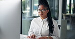 Office, black woman and glasses with computer for typing, online information and fact check story. Workplace, business person and journalist with digital for editing process, blog reading or research