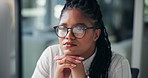 Office, black woman and glasses with computer for reading, online information and fact check story. Workplace, business person and journalist with digital for editing process, blog review or thinking