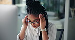 Tired, employee and woman with headache, night or exhausted with deadline, working late or overtime. Thinking, accountant and black person with migraine for project, workaholic and burnout in office