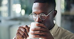 Happy, business and black man with coffee in office on break for working, planning and project. Professional consultant, creative worker and person with drink, beverage and satisfaction for career