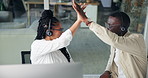 Business people, high five and celebration in call center for goals, achievement or success in office. Team, motivation and excited for sale, deal or partnership with lead generation or crm together