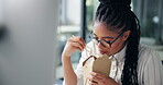 Business, woman and eating fast food in office for working break, happy dance and satisfaction. Hungry, african person and excited with ramen noodles at desk for productivity and computer research