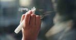 Business, hand and woman in office, glass wall and writing with solution, proposal and creativity. Closeup, research and employee in workplace, goals and planning for project, notes or brainstorming