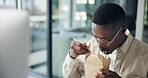 Office, black man and laptop with food for eating, working lunch and nutrition with content writer. Workplace, male person and business journalist with takeaway of noodles, hungry and tech for news 