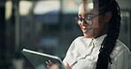 Office, black woman and reading on tablet for information, software update or application development. Window, business person and web designer with digital for scroll online, page review or research