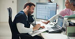 Phone call, stress and man with documents, doctor and conversation with hospital schedule. People, medical and professional with discussion, medicare report and healthcare with questions and feedback