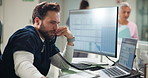 Phone call, man and nurse in clinic, documents and stress with healthcare, workflow and schedule. People, medical and employees with discussion, communication and paperwork with anxiety and crisis