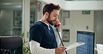 Phone call, nurse and man with paperwork, talking or communication with contact for patient records. Healthcare, administration and person with telephone, read and results of medical report in clinic