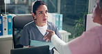 Documents, doctor and nurse with help, women and conversation with healthcare. Teamwork, medical expert and professional in clinic, discussion and feedback with paperwork, schedule and surgery info