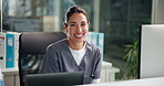Face, doctor and woman in office, computer and smile with healthcare, confidence or career ambition. Mature person, medical and professional in workplace, laptop and pride with wellness and expert