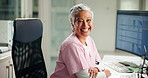 Face, nurse and happy woman in clinic, smile and confidence with computer, uniform and pride. Portrait, mature person and professional with career ambition, medical and healthcare in hospital and joy