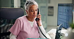 Healthcare, nurse or phone call with document in hospital for medical results, appointment or advice. Pediatrics, mature woman and speaking to patient for online consultation, feedback and telehealth