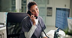 Happy woman, nurse and secretary with phone call at hospital for medical emergency or appointment. Female person, administrator or healthcare receptionist with smile on telephone for schedule visit