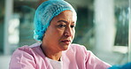 Doctor, thinking and stress for loss, hospital or sad for surgery failure, reflection or healthcare. Contemplating, surgeon and mature woman with guilt for mistake, disappointed and grief in clinic