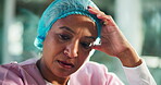 Mature, woman and doctor with stress, burnout or patient loss for mistake, error or bad outcome. Fail, fatigue or upset with healthcare challenge, professional crisis or physician with difficulty