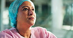 Doctor, thinking and sad for loss, hospital or stress for surgery failure, reflection or healthcare. Contemplating, surgeon and mature woman with guilt for mistake, disappointed and grief in clinic
